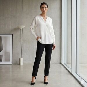 Melissa Nepton Dale Ivory Satin V-Neck Blouse with Ribbed Knit Sleeves P/S